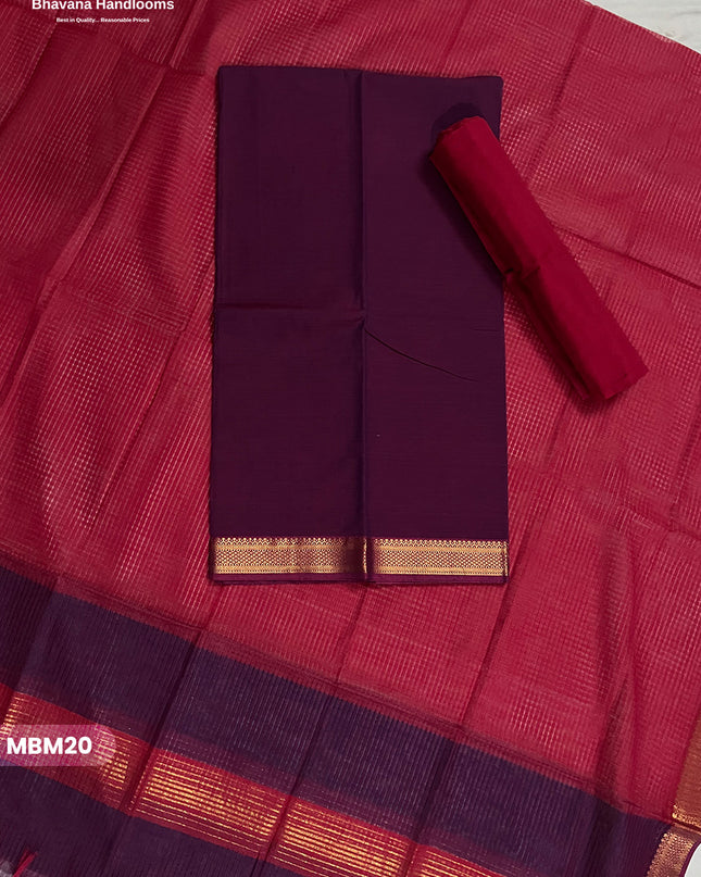 Mangalagiri Cotton Dress Material with Missing Checks Dupatta – Premium Unstitched Suit Set Deep Plum