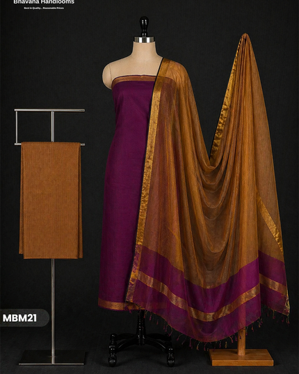 Mangalagiri Cotton Dress Material with Missing Checks Dupatta – Premium Unstitched Suit Set Rich Violet