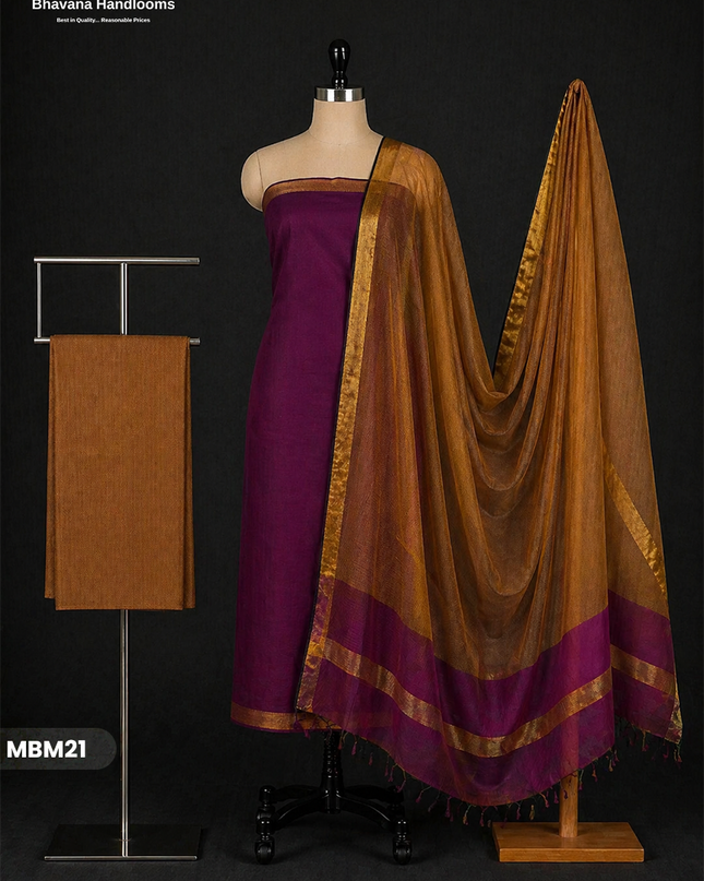 Mangalagiri Cotton Dress Material with Missing Checks Dupatta – Premium Unstitched Suit Set Rich Violet