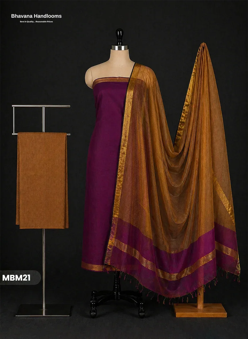 Mangalagiri Cotton Dress Material with Missing Checks Dupatta – Premium Unstitched Suit Set Rich Violet