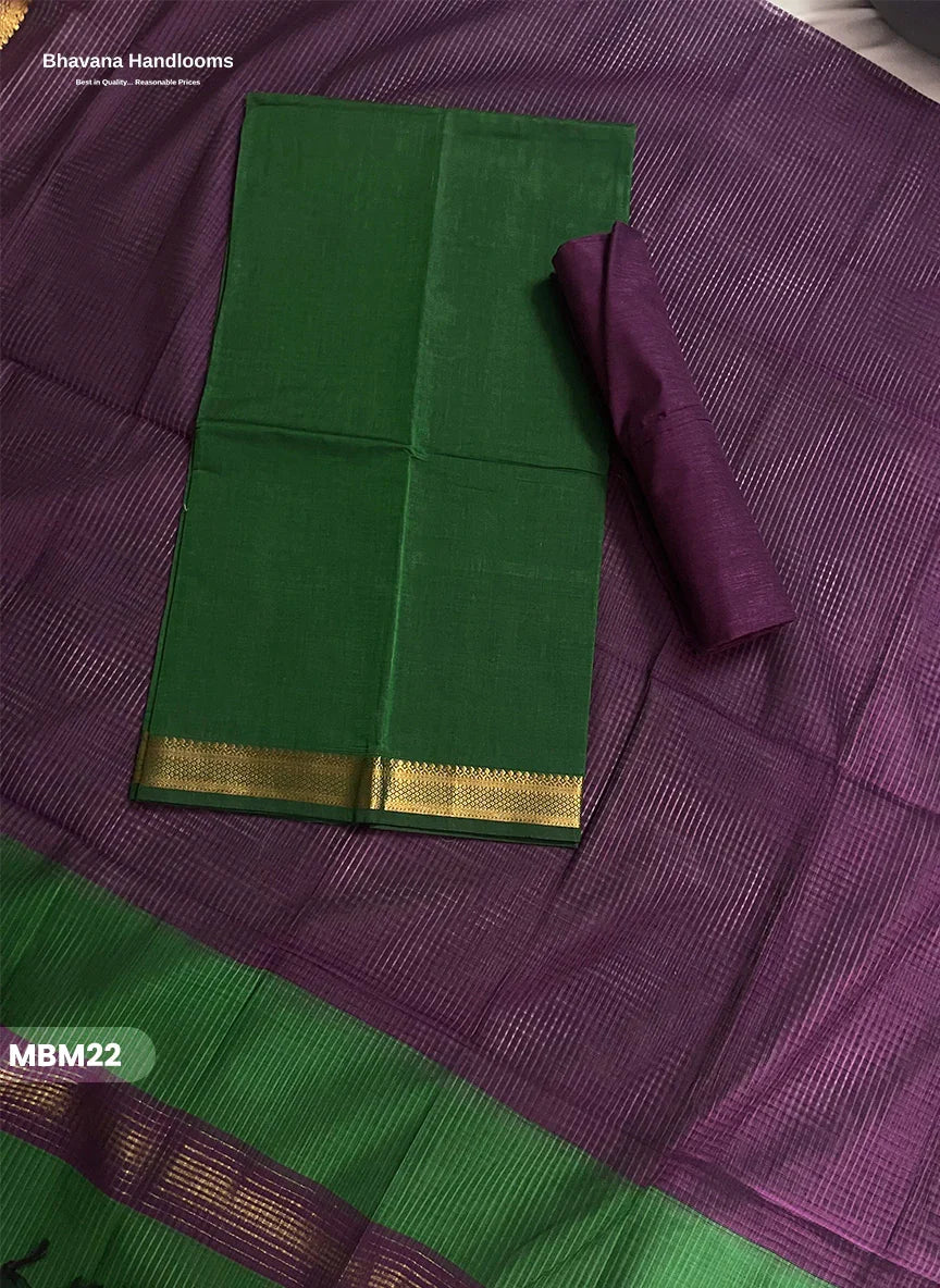 Mangalagiri Cotton Dress Material with Missing Checks Dupatta – Premium Unstitched Suit Set Grren Colour
