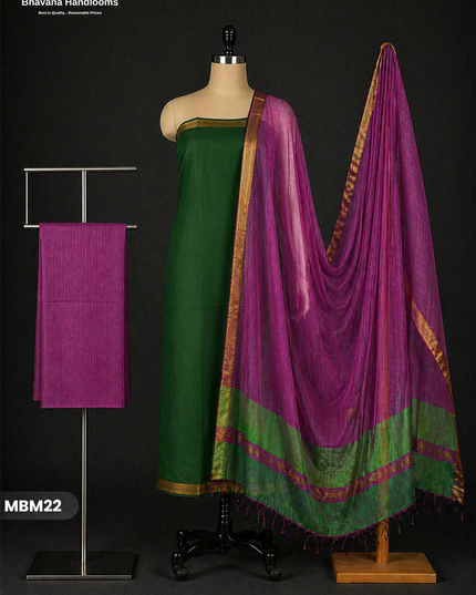 Mangalagiri Cotton Dress Material with Missing Checks Dupatta – Premium Unstitched Suit Set Grren Colour