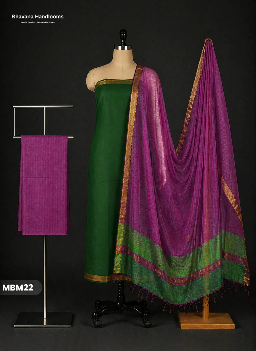Mangalagiri Cotton Dress Material with Missing Checks Dupatta – Premium Unstitched Suit Set Grren Colour