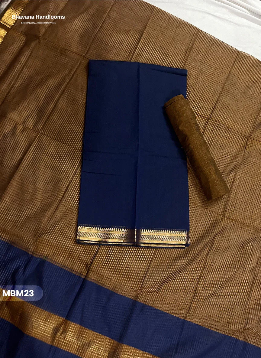 Mangalagiri Cotton Dress Material with Missing Checks Dupatta – Premium Unstitched Suit Set Navy Blue
