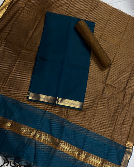 Mangalagiri Cotton Dress Material with Missing Checks Dupatta – Premium Unstitched Suit Set Rama Blue