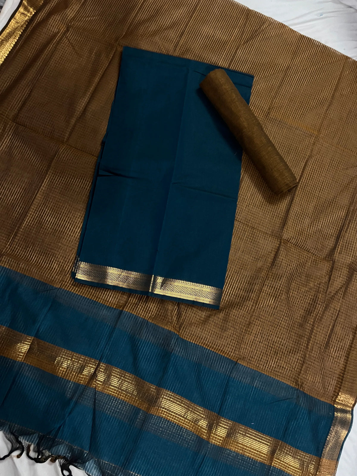 Mangalagiri Cotton Dress Material with Missing Checks Dupatta – Premium Unstitched Suit Set Rama Blue