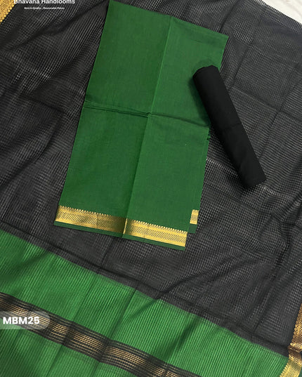 Mangalagiri Cotton Dress Material with Missing Checks Dupatta – Premium Unstitched Suit Set Emerald Green