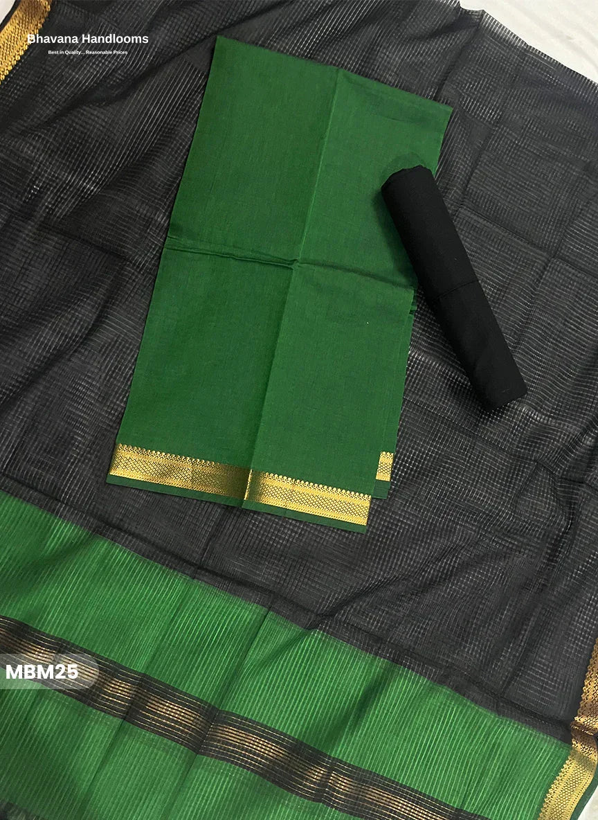 Mangalagiri Cotton Dress Material with Missing Checks Dupatta – Premium Unstitched Suit Set Emerald Green