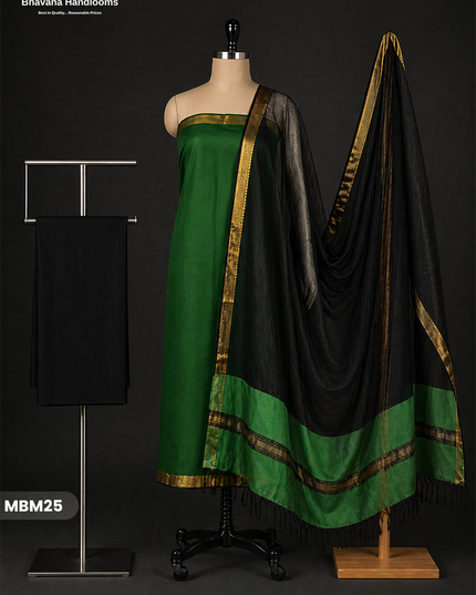 Mangalagiri Cotton Dress Material with Missing Checks Dupatta – Premium Unstitched Suit Set Emerald Green