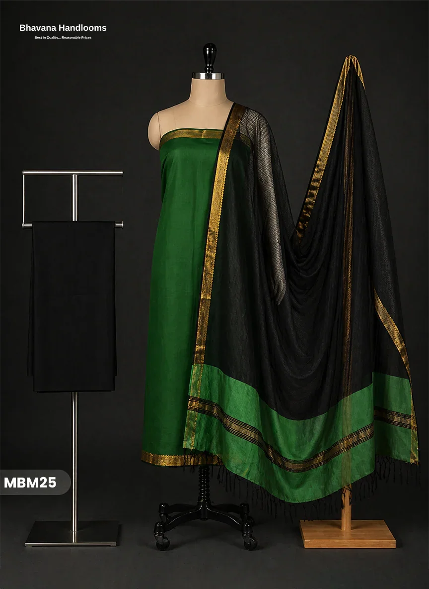 Mangalagiri Cotton Dress Material with Missing Checks Dupatta – Premium Unstitched Suit Set Emerald Green