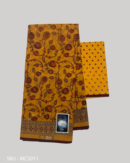 Premium Meena Cotton Printed Saree in Mustard Yellow Colour | Elegant Traditional Ethnic Wear