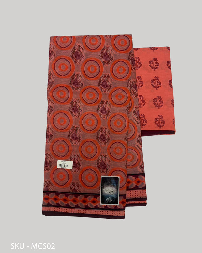Premium Meena Cotton Printed Saree in Peach Orange  Colour | Elegant Traditional Ethnic Wear