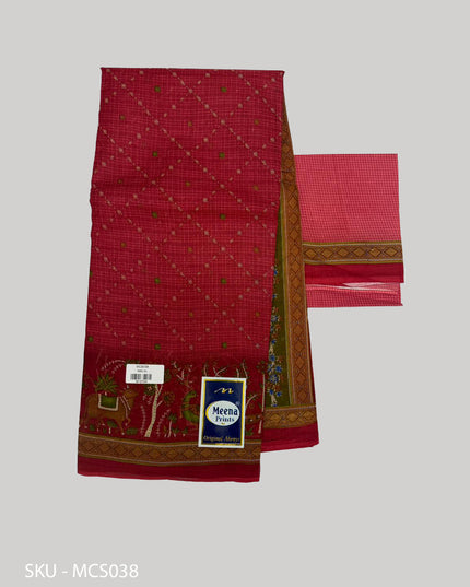 Premium Meena Cotton Printed Saree in Brick Red Colour | Elegant Traditional Ethnic Wear