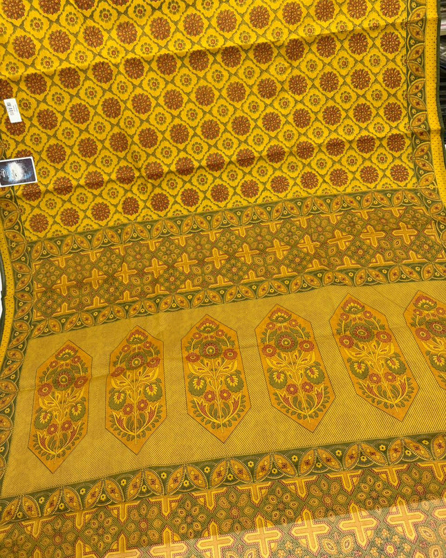 Premium Meena Cotton Printed Saree in Mustard Yellow Colour | Elegant Traditional Ethnic Wear