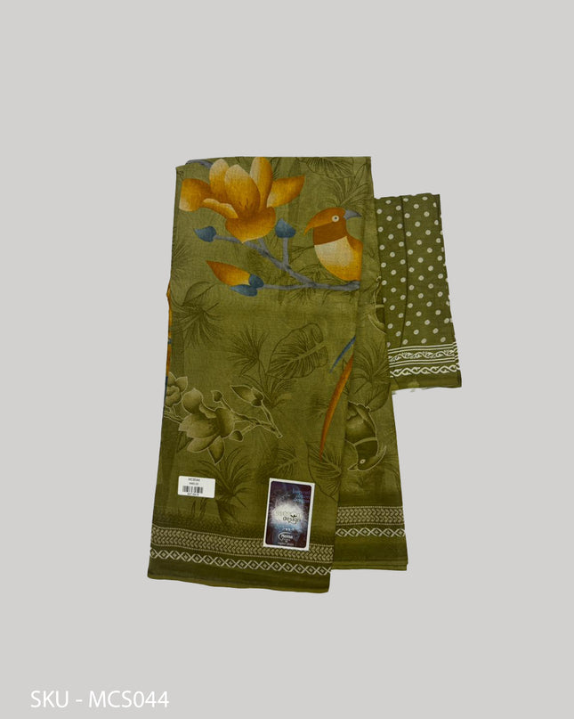 Premium Meena Cotton Printed Saree in Olive Green Colour | Elegant Traditional Ethnic Wear