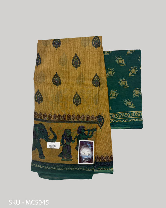 Premium Meena Cotton Printed Saree in Mustard Yellow Colour | Elegant Traditional Ethnic Wear