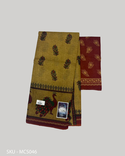 Premium Meena Cotton Printed Saree in Mustard Yellow Colour | Elegant Traditional Ethnic Wear