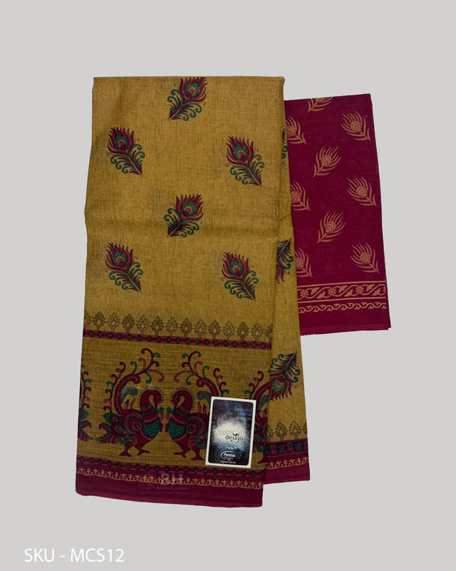 Premium Meena Cotton Printed Saree in Mustard Yellow Colour | Elegant Traditional Ethnic Wear