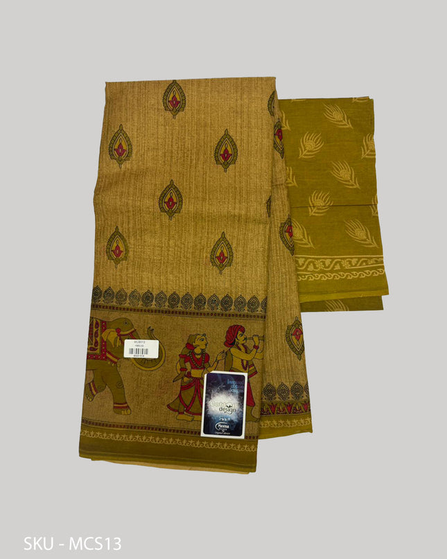 Premium Meena Cotton Printed Saree in Warm Olive Gold Colour | Elegant Traditional Ethnic Wear