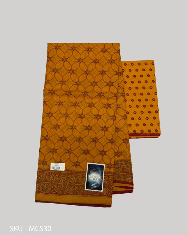 Premium Meena Cotton Printed Saree in Turmeric Gold Colour | Elegant Traditional Ethnic Wear