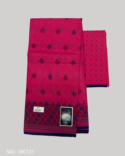 Premium Meena Cotton Printed Saree in Rani Pink Colour | Elegant Traditional Ethnic Wear