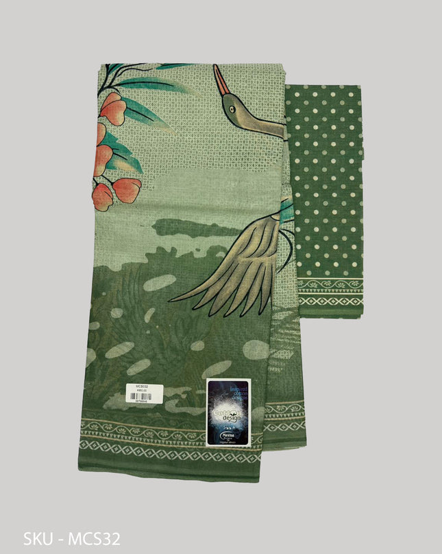 Premium Meena Cotton Printed Saree in Sage Green Colour | Elegant Traditional Ethnic Wear
