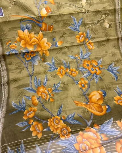 Premium Meena Cotton Printed Saree in Olive Green Colour | Elegant Traditional Ethnic Wear