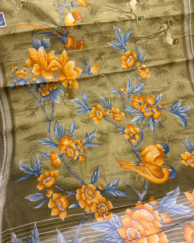 Premium Meena Cotton Printed Saree in Olive Green Colour | Elegant Traditional Ethnic Wear