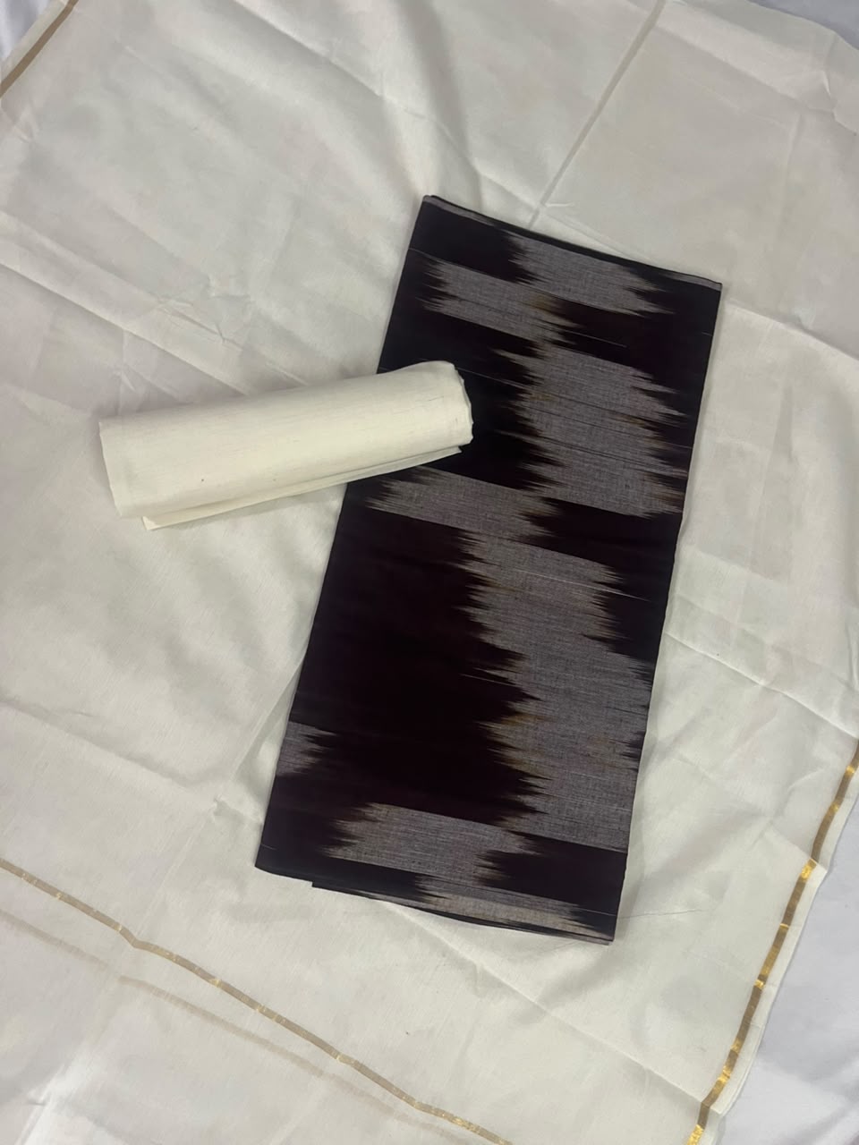 Traditional Ikkat Handloom Cotton Dress Material in Black & Silver Grey | Classic Handwoven Pattern