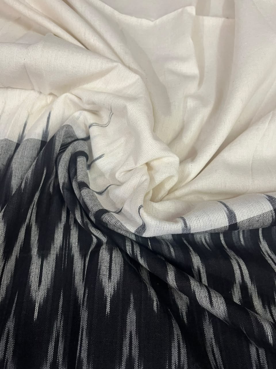 Traditional Ikkat Handloom Cotton Dress Material in Black & White | Unique Ikat Weave Design