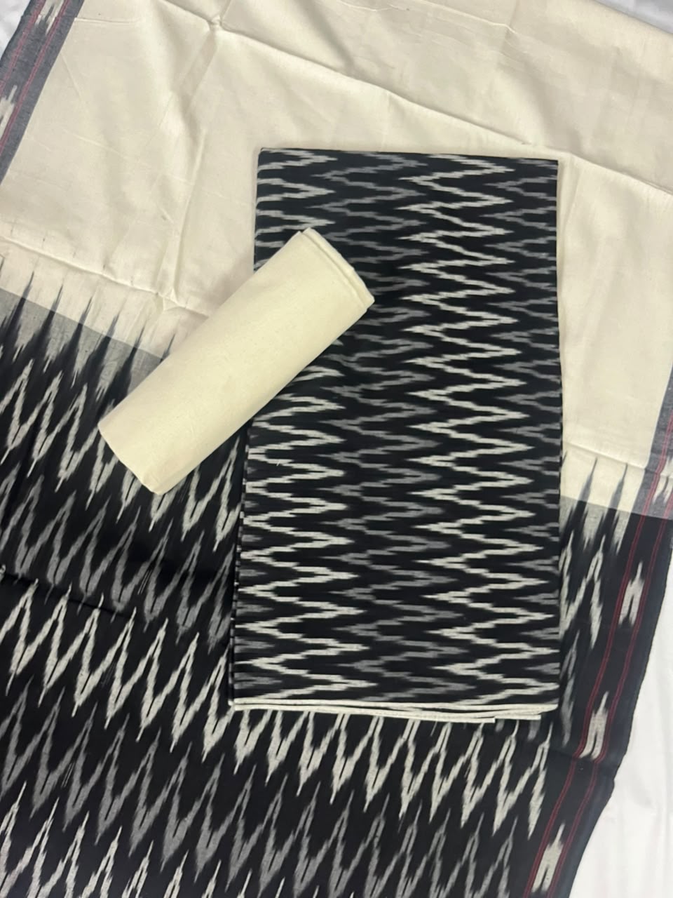 Traditional Ikkat Handloom Cotton Dress Material in Black & White | Unique Ikat Weave Design