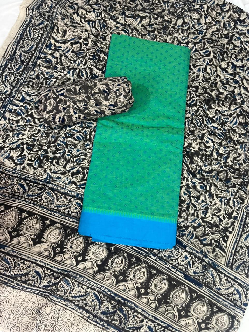 Traditional Kalamkari Unstitched 3PC Dress Material in Green & Blue | Cotton Ethnic Fabric Set