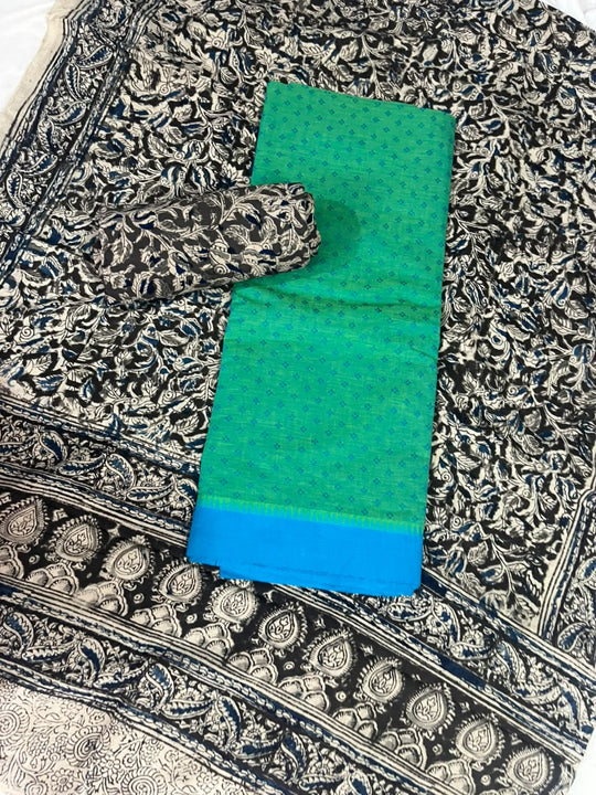 Traditional Kalamkari Unstitched 3PC Dress Material in Green & Blue | Cotton Ethnic Fabric Set
