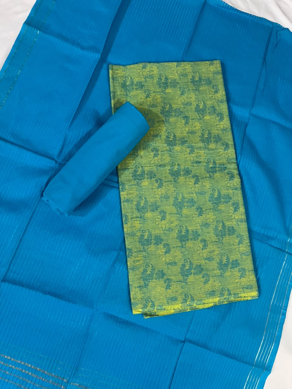 Handloom Woven Cotton Dress Material in Turquoise Blue & Lime Green | Traditional Woven Design