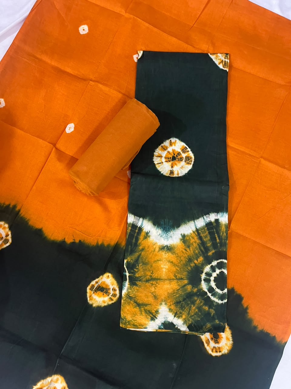Traditional Batik Cotton Dress Material in Orange & Black | Handcrafted Batik Print Design