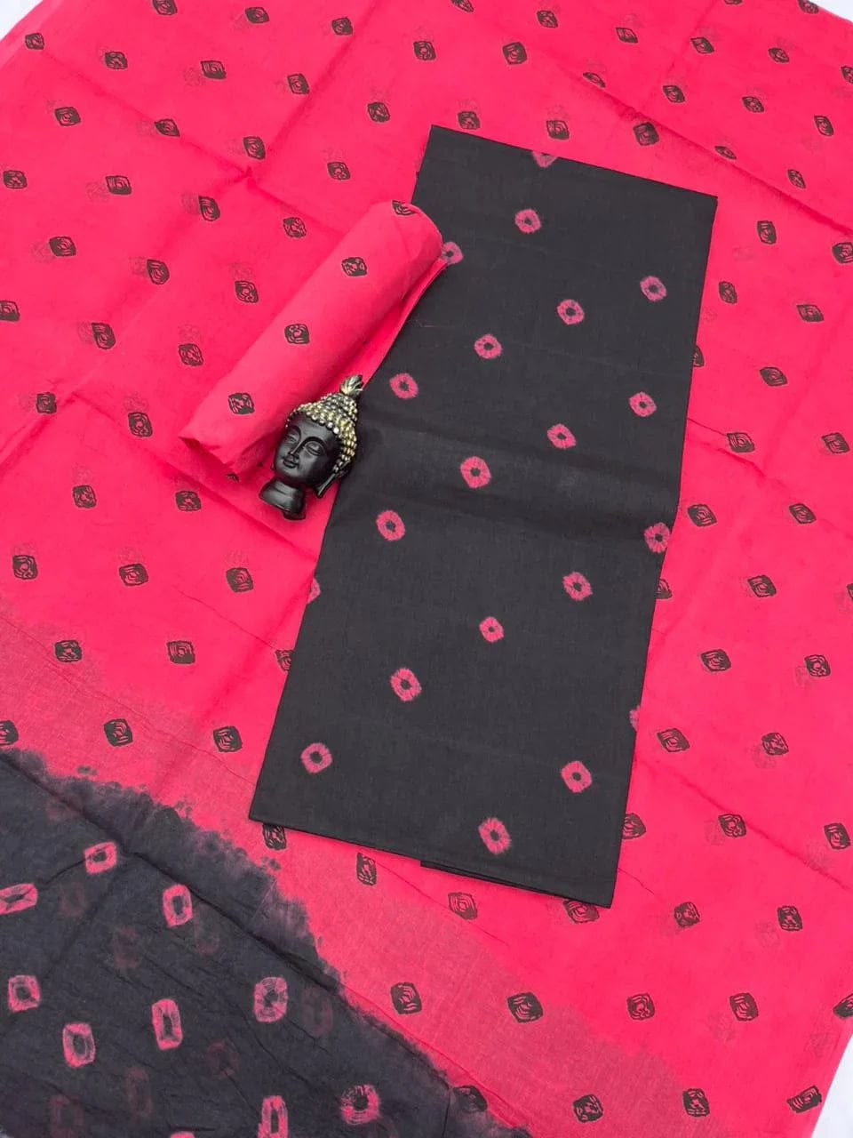 Traditional Batik Cotton Dress Material in Hot Pink & Black | Handcrafted Batik Print Design