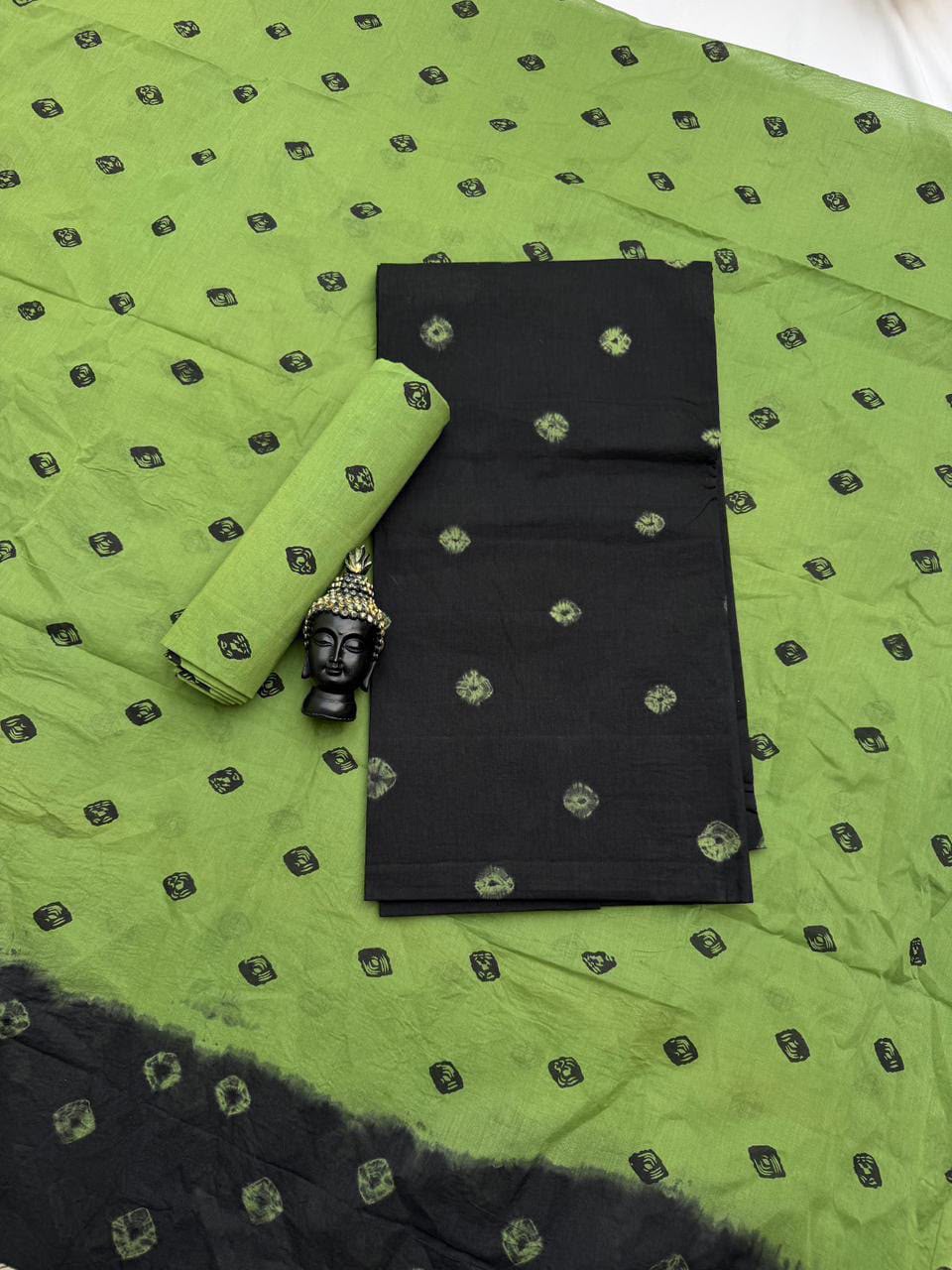 Traditional Batik Cotton Dress Material in Pistachio Green & Black | Handcrafted Batik Print Design