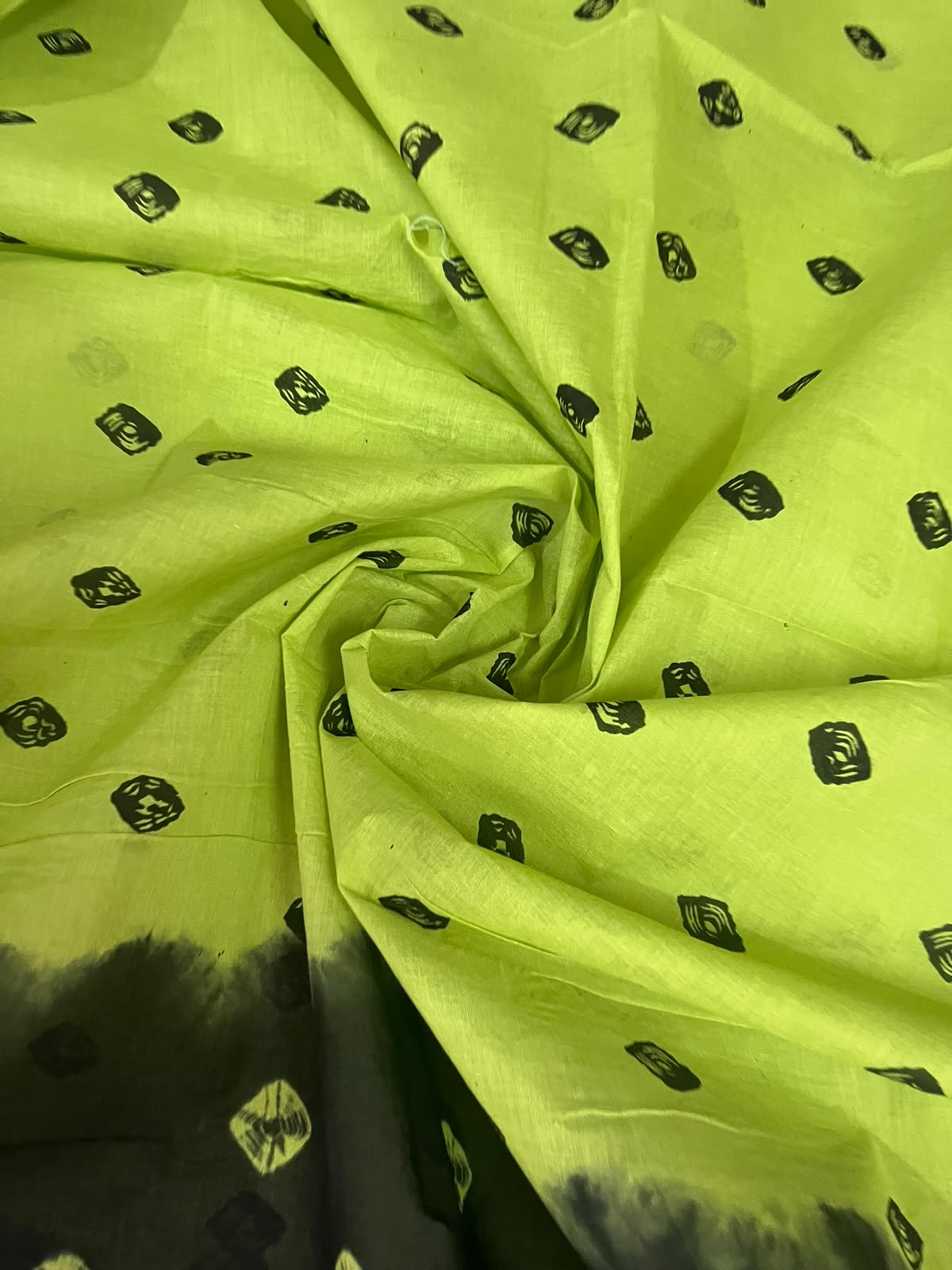 Traditional Batik Cotton Dress Material in Pistachio Green & Black | Handcrafted Batik Print Design