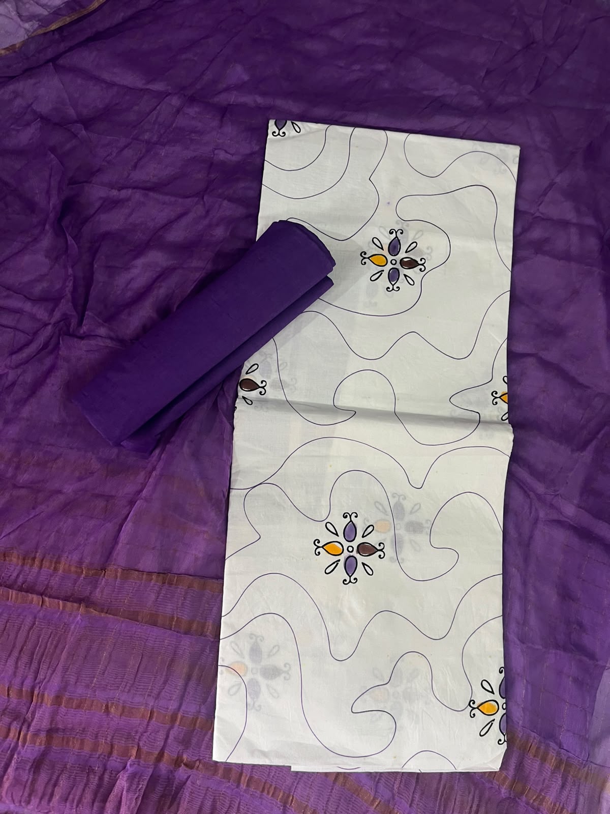 Premium Pencil Design Cotton Dress Material in Purple & White | Floral Printed Cotton Fabric Set