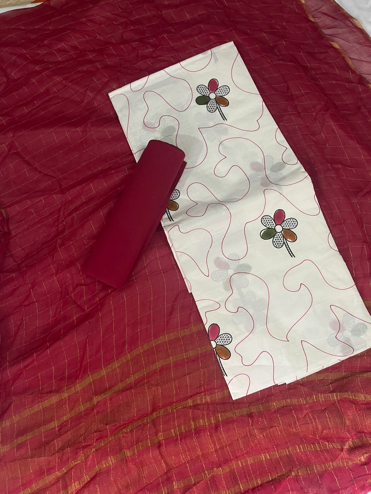 Premium Pencil Design Cotton Dress Material in Wine Maroon & White | Floral Printed Cotton Fabric Set
