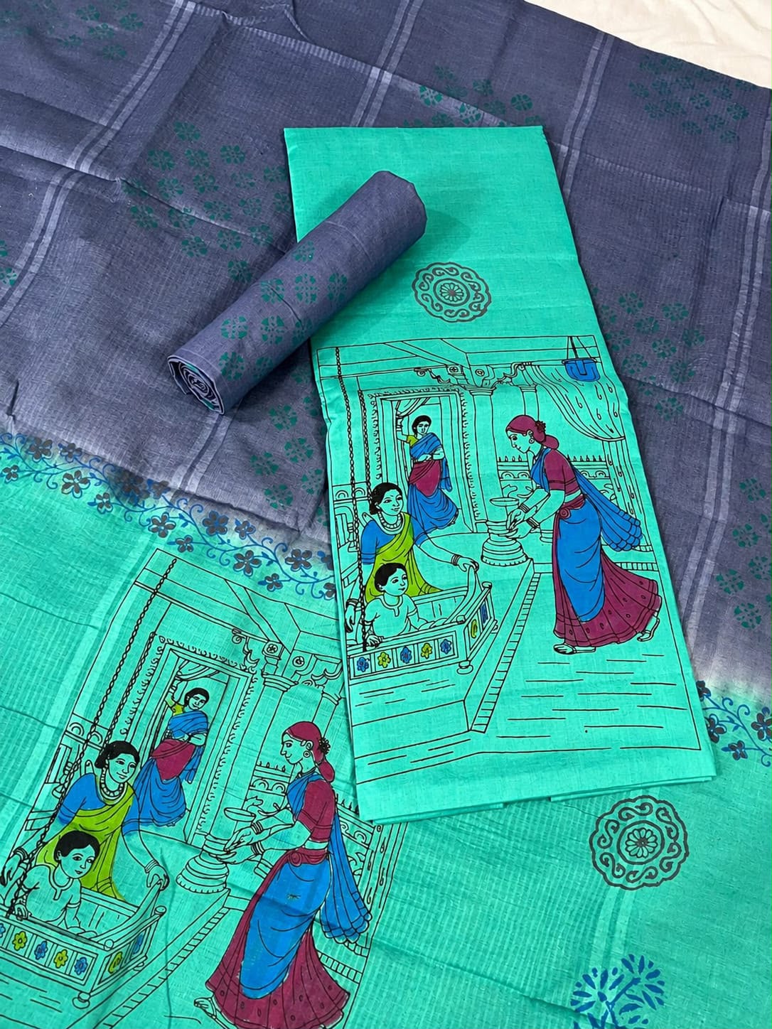Traditional Gollabamma Design Cotton Dress Material in Turquoise Green & Navy Blue | Ethnic Printed Cotton Fabric Set