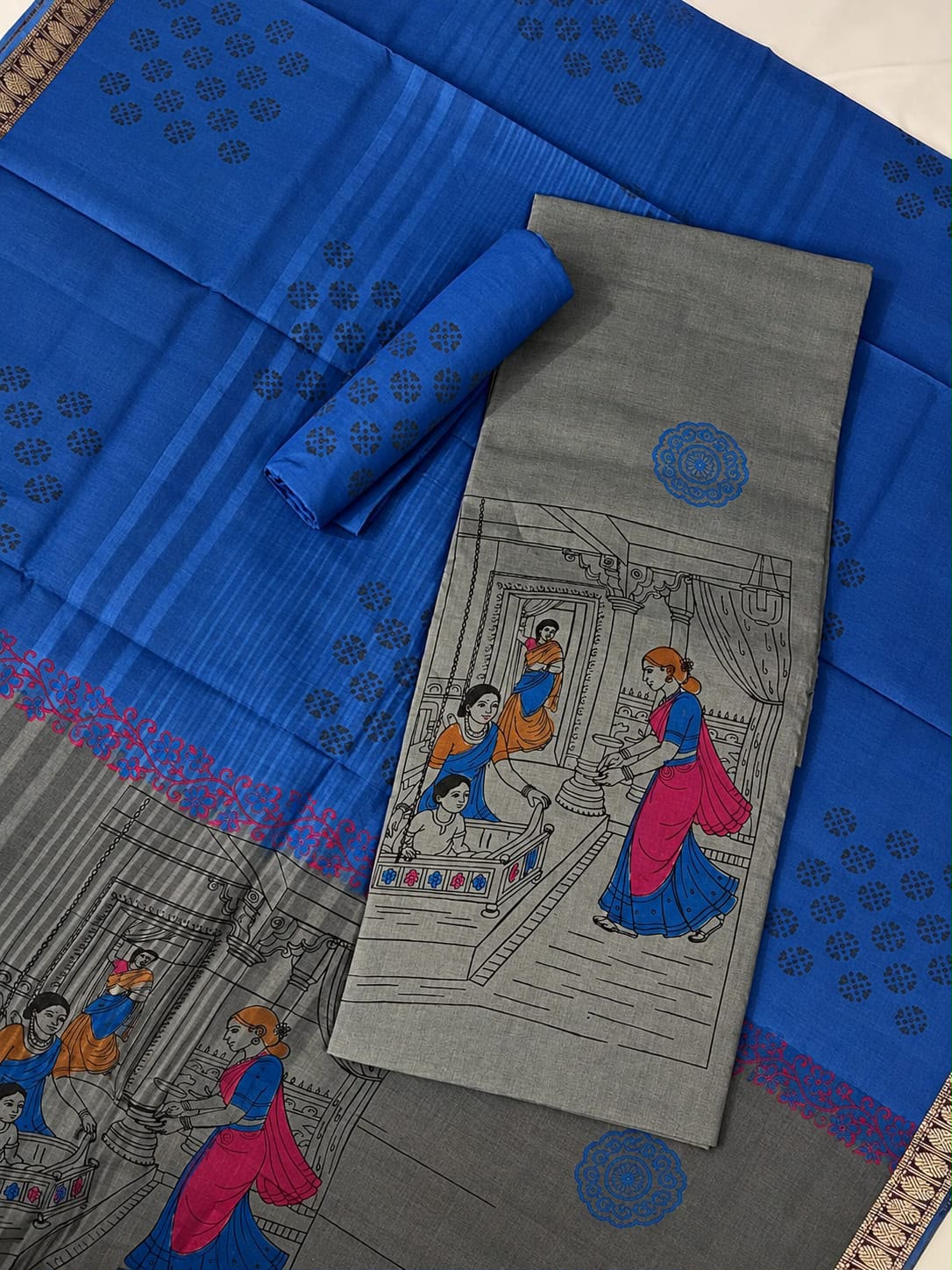 Traditional Gollabamma Design Cotton Dress Material in Royal Blue & Grey | Ethnic Printed Cotton Fabric Set