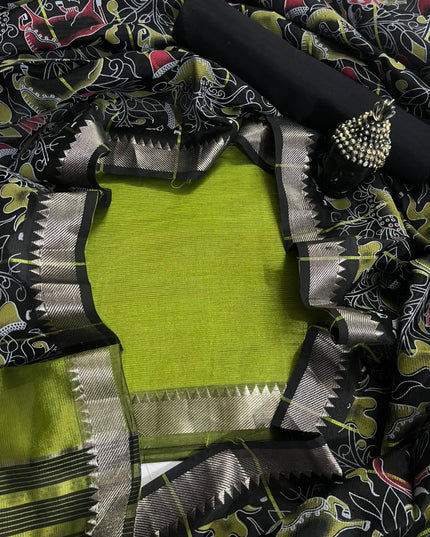 Mangalagiri Semi Pattu Dress Material with Zari Border – Green Colour