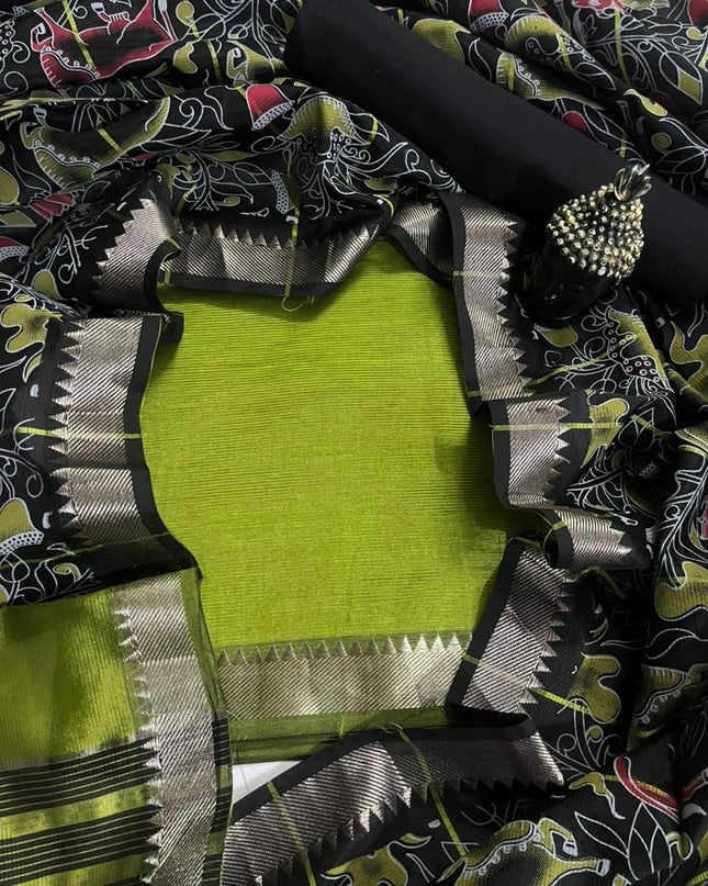 Mangalagiri Semi Pattu Dress Material with Zari Border – Green Colour
