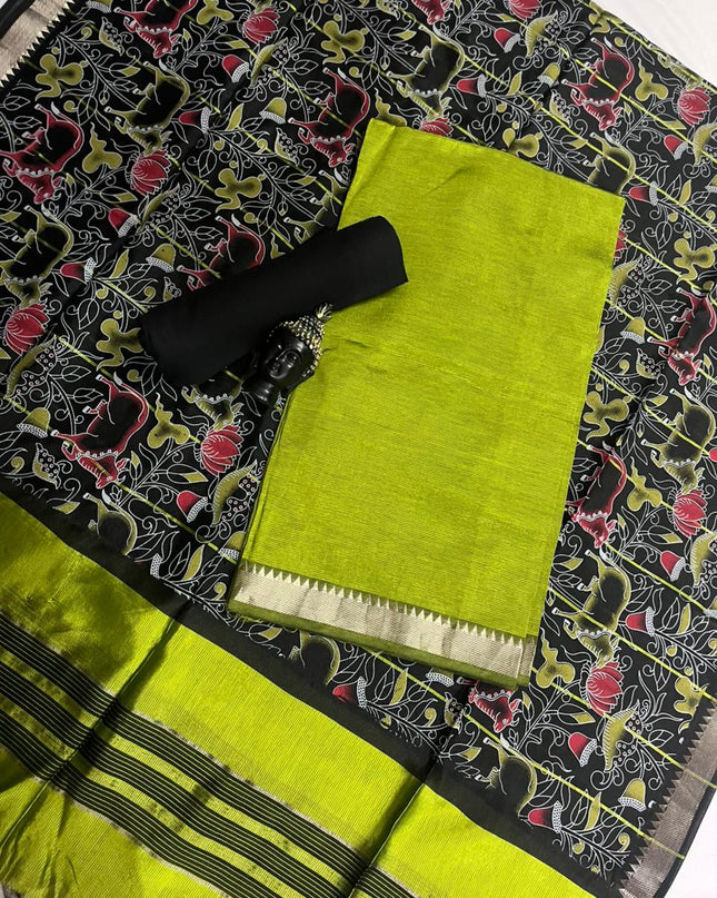 Mangalagiri Semi Pattu Dress Material with Zari Border – Green Colour
