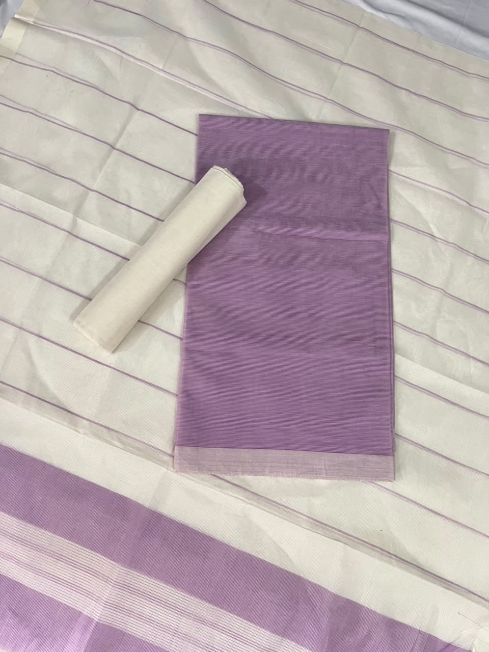 Classic Mangalagiri Cotton Dress Material in Lavender Purple & White | Elegant Striped Weave