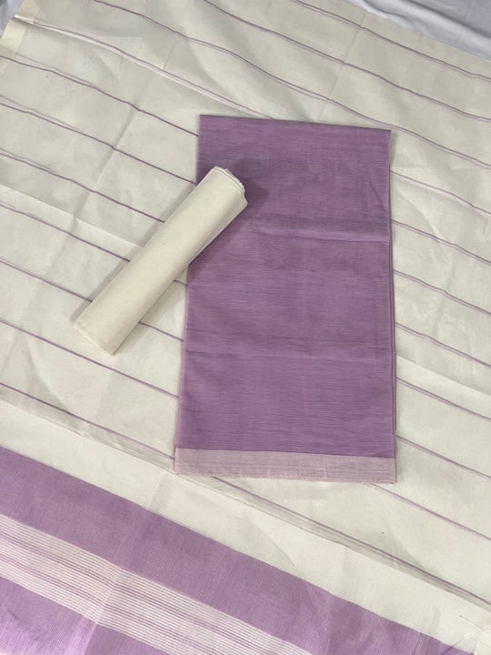 Classic Mangalagiri Cotton Dress Material in Lavender Purple & White | Elegant Striped Weave