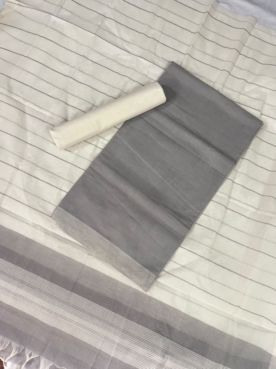 Classic Mangalagiri Cotton Dress Material in Silver Grey & White | Elegant Striped Weave