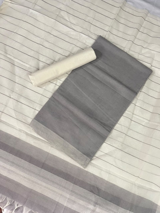 Classic Mangalagiri Cotton Dress Material in Silver Grey & White | Elegant Striped Weave