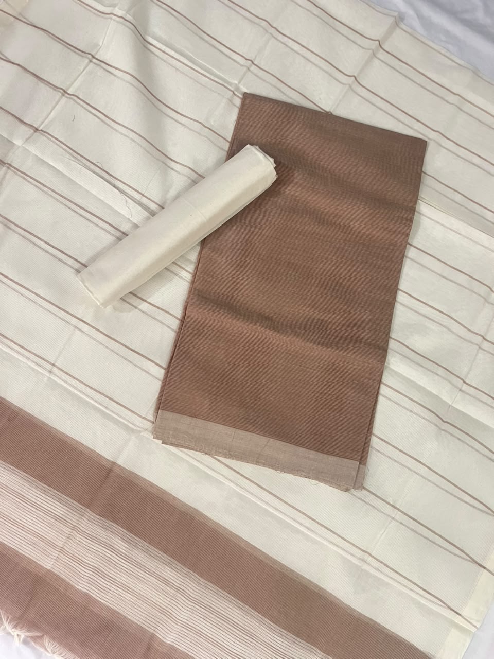 Classic Mangalagiri Cotton Dress Material in Coffee Brown & White | Elegant Striped Weave